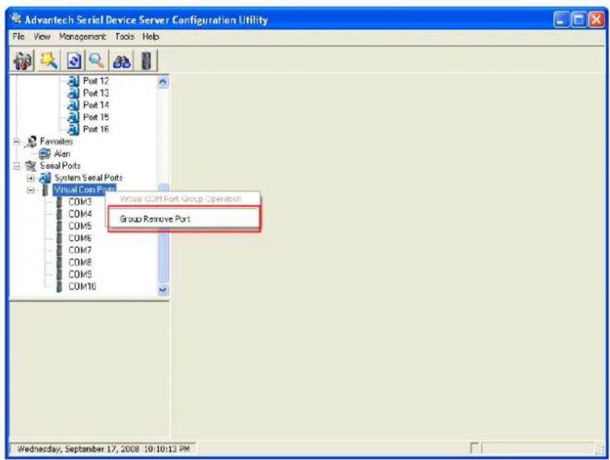 Advantech Serial Device Server Configuration Utility File View Monogematic Tools Help Port 12 Port 13 Port 14 Port 15 Port 16 Favorites Alan Serial Ports System Serial Ports Virtual Com Port COM3 COM4 COM5 COM6 COM7 COM8 COM9 COM10 Virtual COM Port Group Operation Group Remove Port Wednesday, September 17, 2008 10:10:13 PM