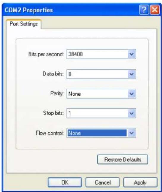 COM2 Properties Port Settings Bits per second: 38400 Data bits: 8 Parity: None Stop bits: 1 Flow control: None Restore Defaults OK Cancel Apply