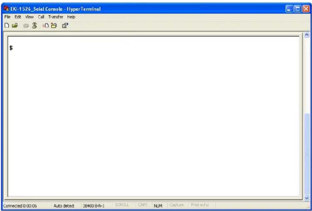 EKI-1526_Seial Console - HyperTerminal File Edit View Call Transfer Help $ Connected 0:00:06 Auto detect 38400 8-N-1 SCROLL CAPS NUM Capture Print output
