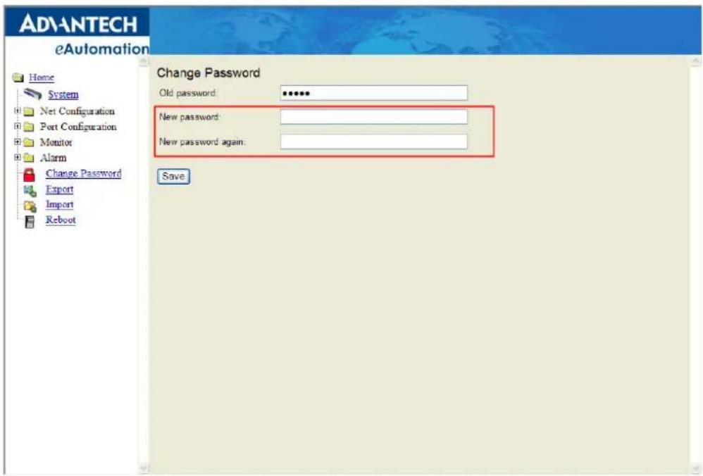 ADVANTECH eAutomation Home System Net Configuration Port Configuration Monitor Alarm Change Password Export Import Reboot Change Password Old password: •••••• New password: New password again: Save