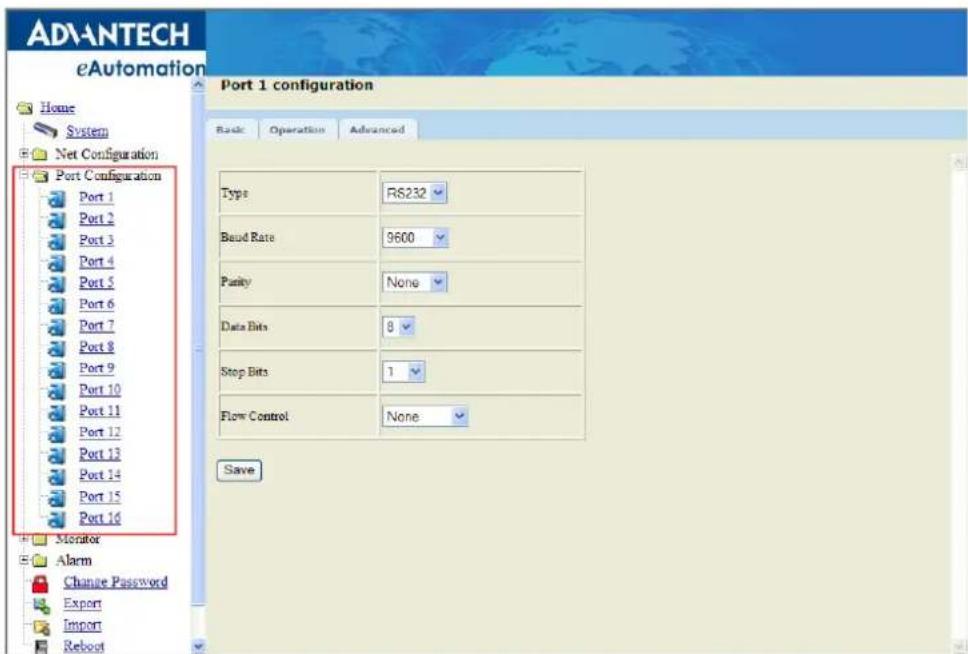 ADANTECH eAutomation Home System Net Configuration Port Configuration Port 1 Port 2 Port 3 Port 4 Port 5 Port 6 Port 7 Port 8 Port 9 Port 10 Port 11 Port 12 Port 13 Port 14 Port 15 Port 16 Monitor Alarm Change Password Export Import Reboot Port 1 configuration Back Operation Advanced Type RS232 Baud Rate 9600 Parity None Data Bits 8 Stop Bits 1 Flow Control None Save
