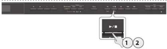 Screenshot of a media player interface with labeled buttons and playback controls, highlighting two numbered steps.