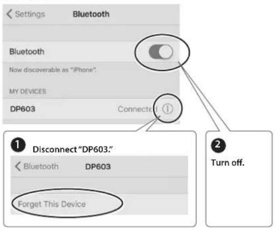 Settings Bluetooth Bluetooth Now discoverable as "iPhone" MY DEVICES DP603 Connected ① Disconnect "DP603." Bluetooth DP603 Forget This Device ② Turn off.