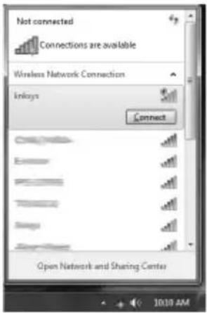Not connected Connections are available Wireless Network Connection In-line Connect Open Network and Sharing Center 10:30 AM