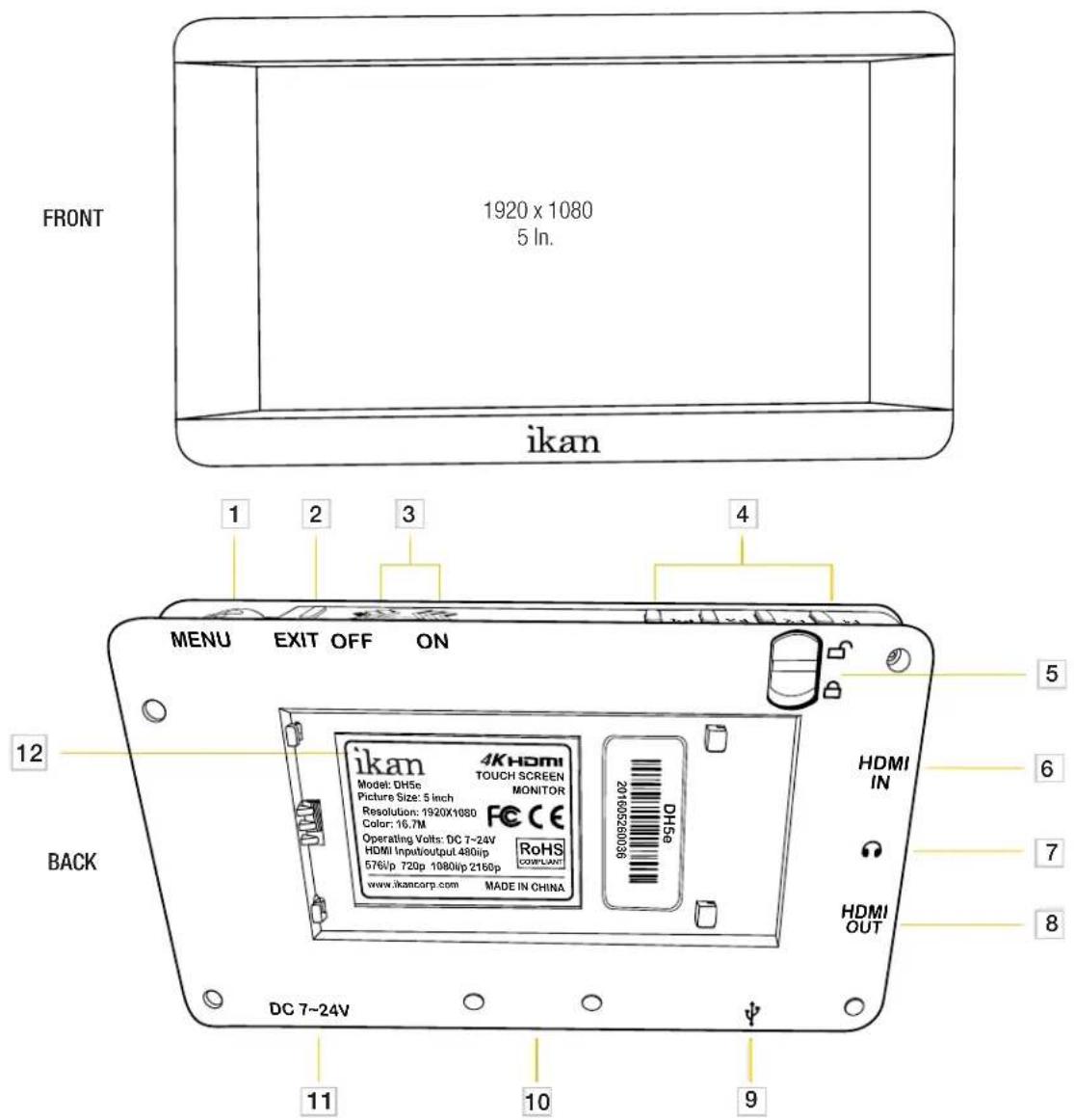 FRONT 1920 x 1080 5 In. ikan MENU EXIT OFF ON 12 BACK DC 7~24V 11 10 9 1 2 3 4 5 6 7 8 HDMI IN ikan 4K HDMI MOCTH SCREEN MONITOR Picture Size: 5 inch Resolution: 1920X1080 Color: 16.7M Operating Volts: DC 7~24V HDMI Input/output 480ipp 576ip 720p 1080ip 2160p www.ikancarp.com MADE IN CHINA RoHS COUPPLANT DH56 HDMI OUT