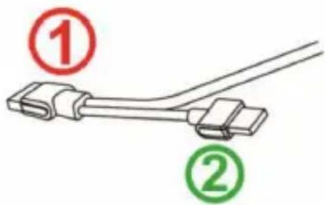 Diagram showing two labeled components (① and ②) of a cable or connector with red and green circles indicating parts of each.