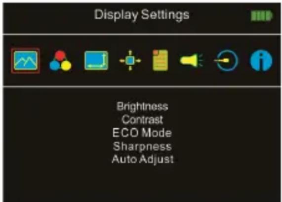 Display Settings Brightness Contrast ECO Mode Sharpness Auto Adjust