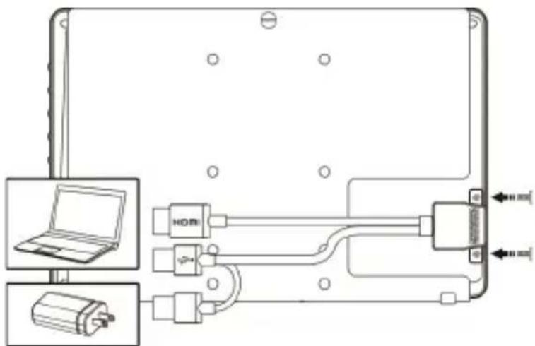 Diagram showing connections between a laptop and a device via HORI, with labeled ports and connectors.