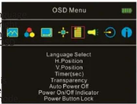 OSD Menu Language Select H.Position V.Position Timer(sec) Transparency Auto Power Off Power On/Off Indicator Power Button Lock