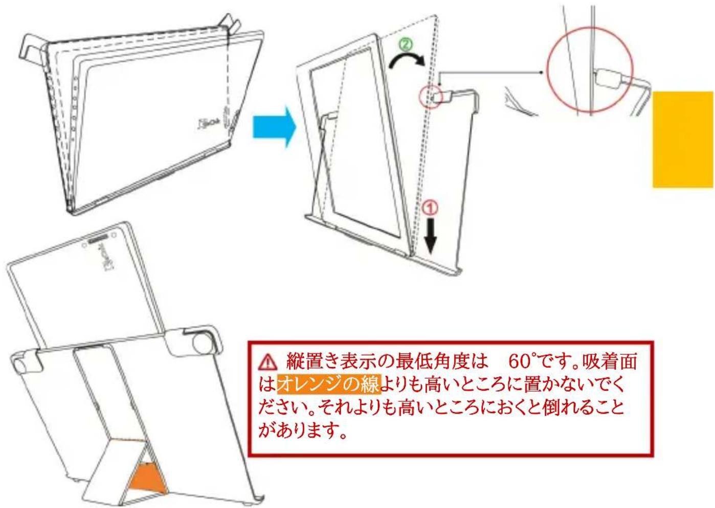 縦置き表示の最低角度は 60°です。吸着面はオレンジの線よりも高いところに置かないでください。それよりも高いところにおくと倒れることがあります。