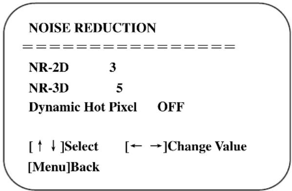 NOISE REDUCTION NR-2D 3 NR-3D 5 Dynamic Hot Pixel OFF [↑↓]Select [←→]Change Value [Menu]Back