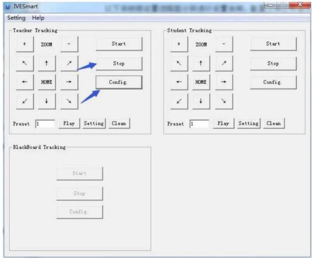 IVESmart Setting Help Teacher Tracking + ZOOM - Start ← ↑ ↗ Stop ← HOME → Config. ✓ ↓ ↘ Preset 1 Play Setting Clean Student Tracking + ZOOM - Start ← ↑ ↗ Stop ← HOME → Config. ✓ ↓ ↘ Preset 1 Play Setting Clean BlackBoard Tracking Start Stop Config.