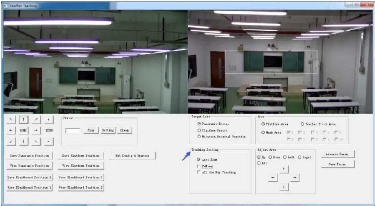 Teacher Tracking Preset 1 Play Setting Clean Target Left Panoramic Reset Platform Preset Maintain Original Position Area Platform Area Teacher Trick Area Mask Area 4 2 3 4 5 6 7 8 9 10 Tracking Setting Auto Zoom View Platform Position View Platform Position View Blackboard Position 1 Save Blackboard Position 2 View Blackboard Position 1 View Blackboard Position 2 Adjust Area Up Down Left Right All Advance Param. Save Param.