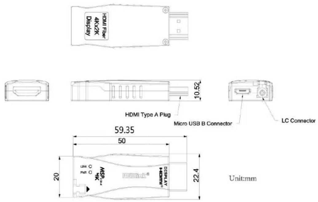 HDMI Fiber 4Kx2K Display 10.52 HDMI Type A Plug Micro USB B Connector LC Connector 59.35 50 20 22.4 Unit:mm MSP+ REBlink® HDMI® DISPLAY