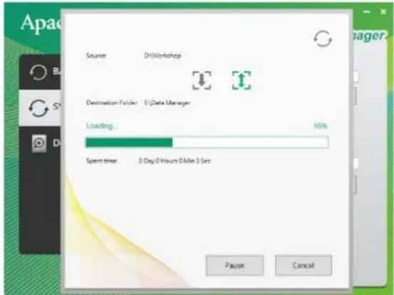 Apache Source: D:\Workshop Destination Folder: E:\Data Manager Starting... Spent time: 0 Day/0 Hours 0 Min 3 Sec Pause Cancel