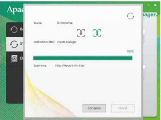 Apache Source: D:\Workshop Destination Folder E:\Data Manager 100% Spent Time: 0 Day 0 Hours 0 Min 3 Sec Complete Cancel