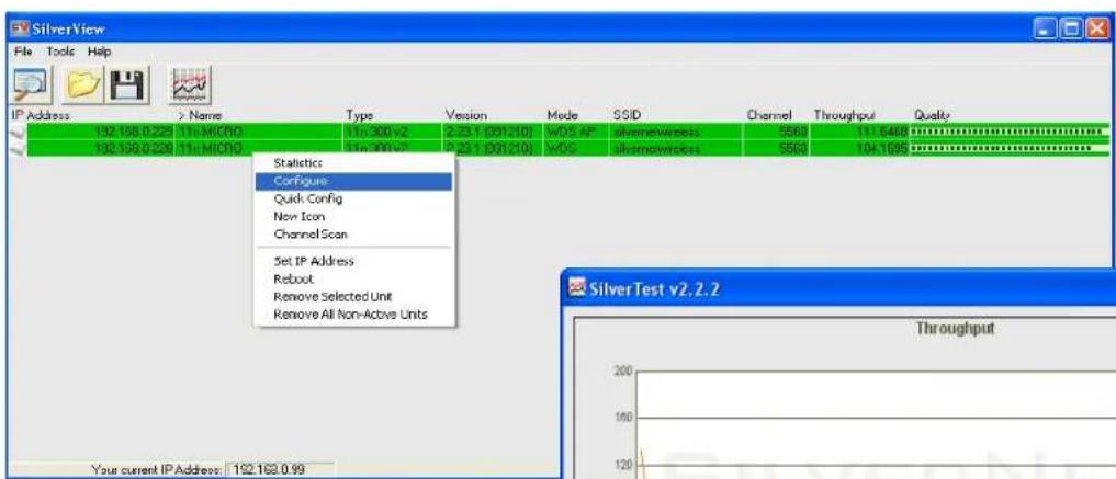 SilverView File Tools Help IP Address > Name Type Version Mode SSID Channel Throughput Quality 132.168.0.229 11x MICRO 11x.300 v2 2.23.1 [001210] WOS AP altremewireless 5563 111.6468 132.168.0.228 11x MICRO 11x.300 v2 P 2.23.1 [001210] WOS altremewireless 5563 104.1695 Statistics Configure Quick Config Non Icon Channel Scan Set IP Address Reboot Remove Selected Unit Remove All Non-Active Units Silver Test v2.2.2 Throughput Your current IP Address: 132.163.0.99