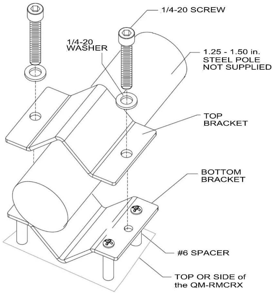1/4-20 SCREW 1/4-20 WASHER 1.25 - 1.50 in. STEEL POLE NOT SUPPLIED TOP BRACKET BOTTOM BRACKET #6 SPACER TOP OR SIDE of the QM-RMCRX