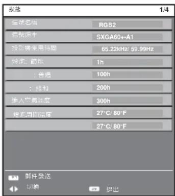 传感器 1/4 信球名称 RGB2 信服速率 SXGA60+A1 投影镜使用时间 65.22kHz/59.99Hz 帧率: 音频 1h : 普通 100h : 绿和 200h 换入空格温度 300h 使光周围湿度 27°C/80°F 27°C/80°F 邮件发送 切换 拟出