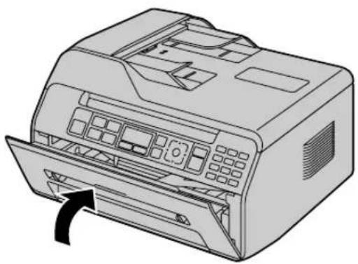 Line drawing of a printer with a paper feed and paper outlet, showing internal components (no text or symbols)