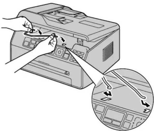 Illustration of hands operating a printer with a close-up view showing the process (no text or symbols present)