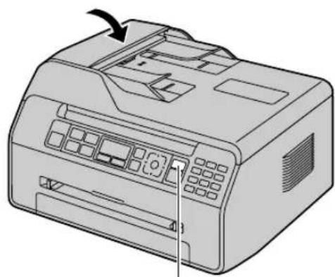 Line drawing of a printer with control panel and paper tray (no text or symbols)