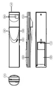 Technical diagram of a mechanical device with numbered components and cross-sectional views