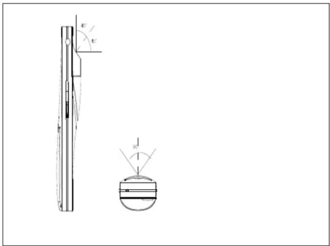 Technical diagram showing a vertical structure with labeled angles and a circular component with angular measurements.