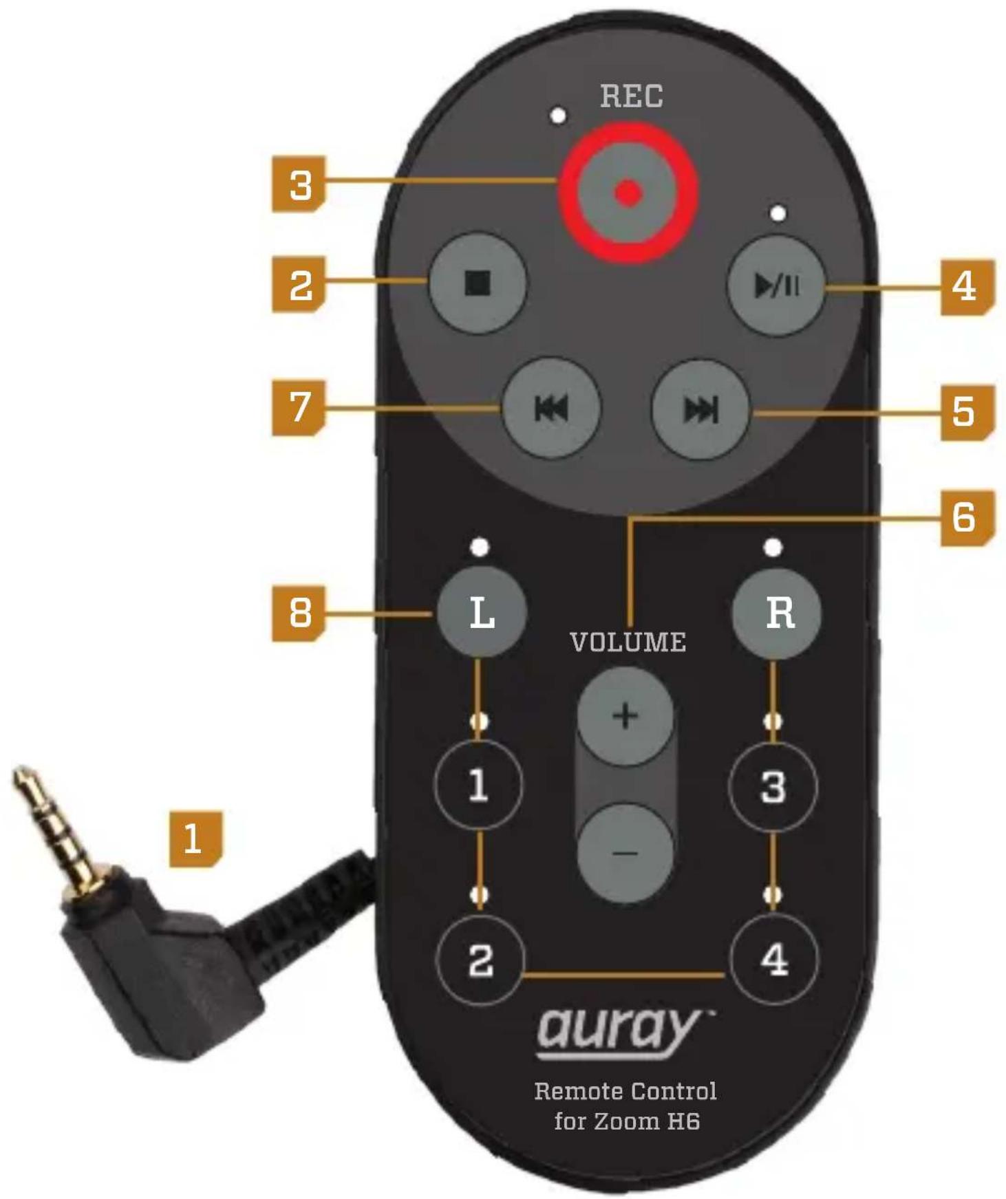 REC 3 2 7 8 L VOLUME R 1 + - 3 4 5 6 1 2 4 auray® Remote Control for Zoom H6