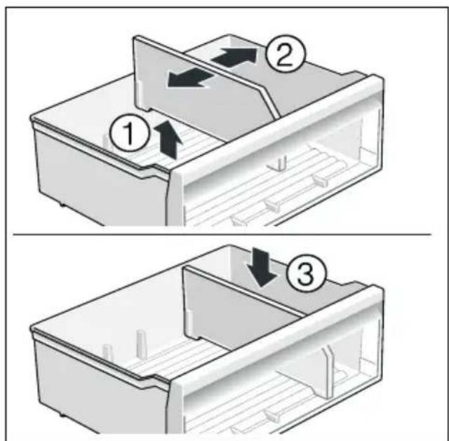 Diagram showing three steps of a refrigerator interior with labeled arrows indicating movement or flow.