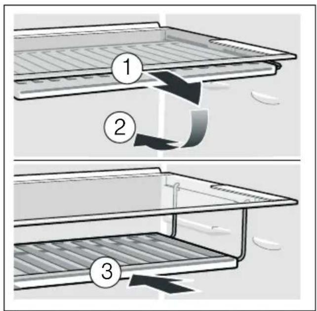 Diagram showing three steps of a refrigerator interior with labeled arrows indicating movement and rotation.