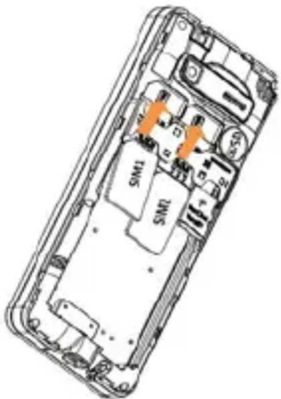 Technical diagram of a mobile phone casing with internal components labeled SIM1 and SIM2, showing internal wiring layout.