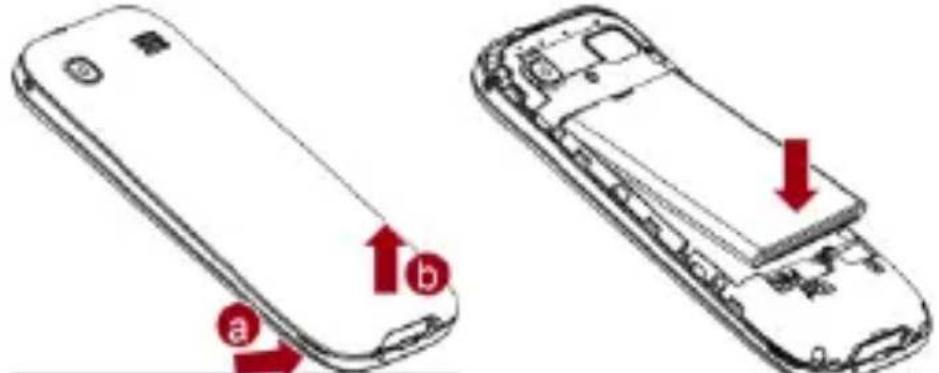Diagram showing two views of a smartphone with labeled parts (a, b) and directional arrows indicating movement or change.