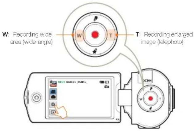 W: Recording wide area (wide-angle) T: Recording enlarged image (telephoto)