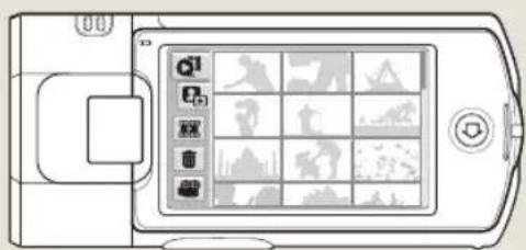 Diagram of a mobile phone interface with a grid of icons and labels, likely representing a camera or device control panel.