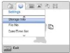 Settings Storage Info File No Date/Time Set Menu Exit