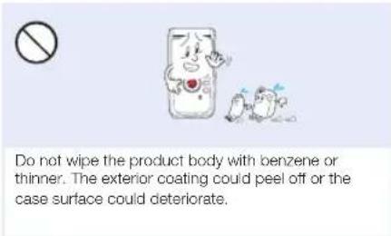 Do not wipe the product body with benzene or thinner. The exterior coating could peel off or the case surface could deteriorate.
