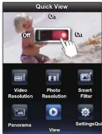 Quick View On Off On Video Resolution Photo Resolution Smart Filter Panorama View SettingsQuit