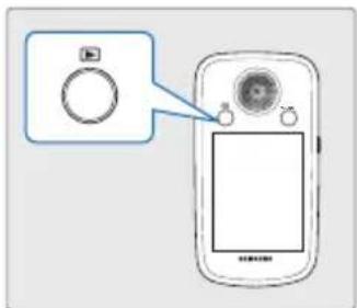 Diagram showing a device with a circular button labeled 'B' pointing to its left screen, next to a smartphone screen.