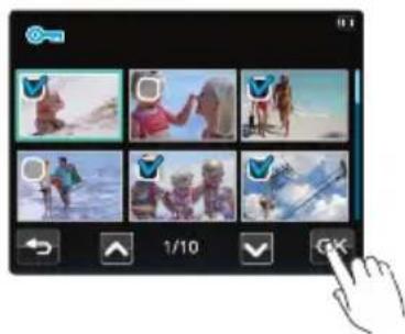 Screenshot of a mobile photo editing interface showing six video thumbnails with Chinese UI elements and a hand cursor pointing at the right.