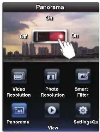Panorama On Off On Video Resolution Photo Resolution Smart Filter Panorama View SettingsQuit