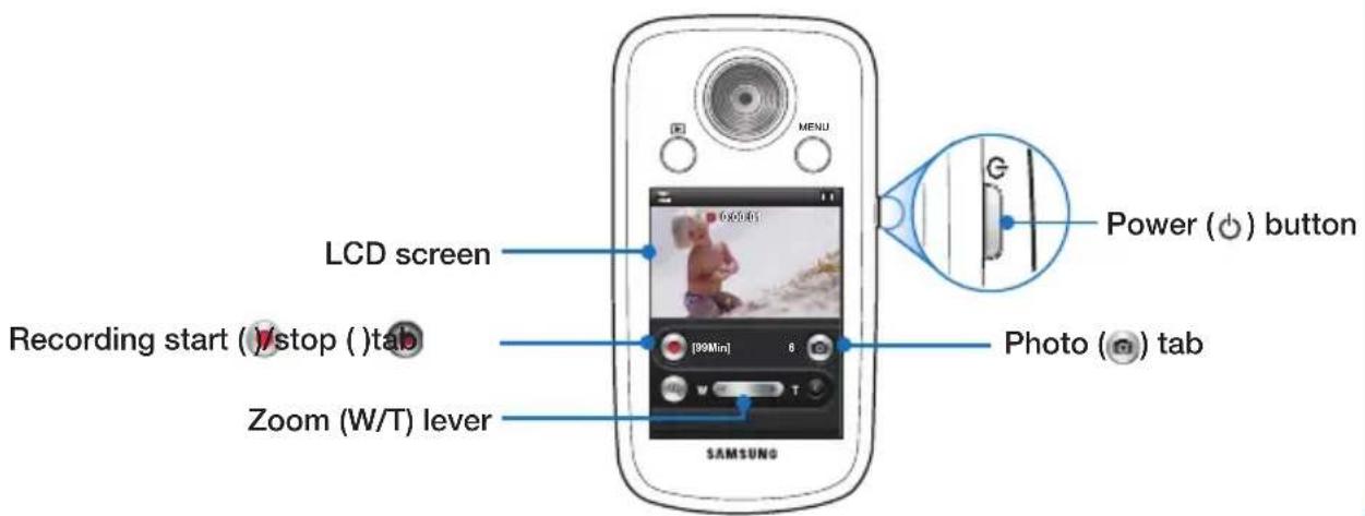 LCD screen Recording start ( )stop ( )tab Zoom (W/T) lever SAMSUNG [99Min] 6 Photo ( @ ) tab Power ( ⏻ ) button