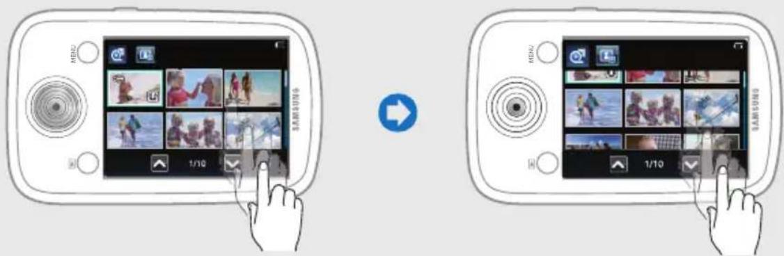 Two smartphone screenshots showing a hand interacting with a photo editing interface, displaying multiple video thumbnails and UI controls.