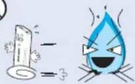 Cartoon illustration showing a water drop character and its inverse relationship with a blank cylinder, likely illustrating environmental or safety concepts.