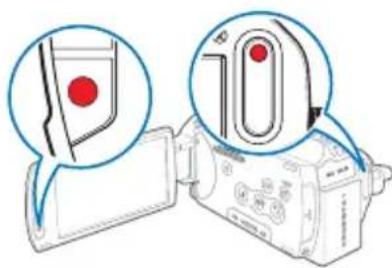 Diagram showing two views of a digital camera with red indicator lights, highlighting the lens and lock mechanism.
