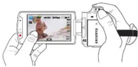 Illustration showing hands holding a digital camera with a screen displaying a cartoon character and Chinese text labels.