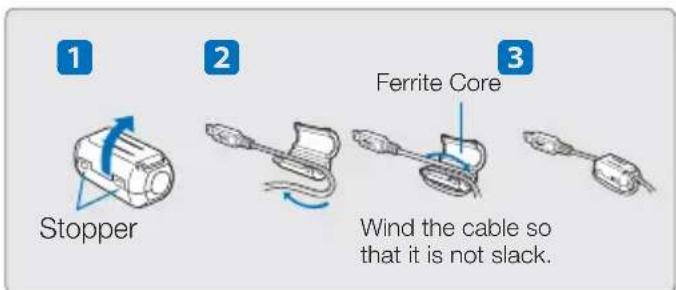 1 Stopper 2 Ferrite Core 3 Wind the cable so that it is not slack.