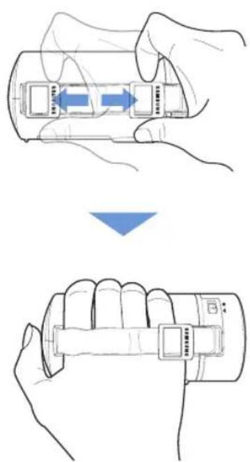 Diagram illustrating a hand holding a device with blue arrows indicating movement, showing a change from left to right.