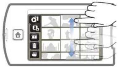Diagram showing a hand interacting with a device screen displaying icons and a blue directional arrow, likely illustrating a UI or navigation system.