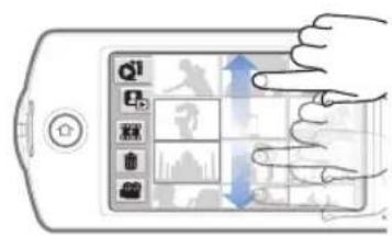 Diagram of a handheld device with labeled UI elements and directional arrows indicating movement or navigation